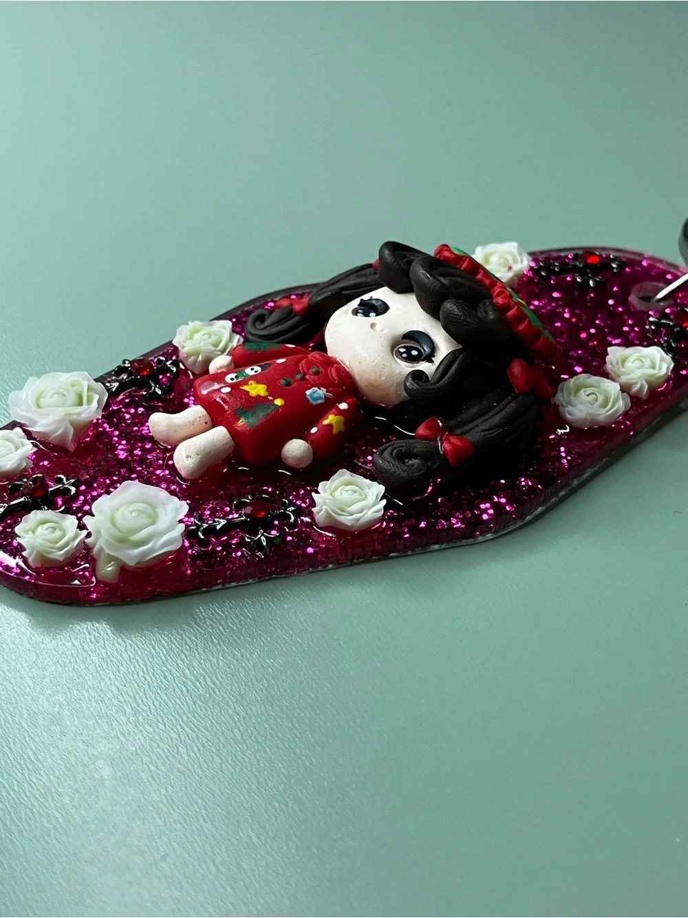 Handmade Glitter Pink Holiday Clay Doll Keychain with Roses & Crosses
